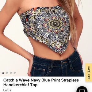 NWT Lulu’s “Catch a Wave Navy Blue Print Strapless Handkerchief Top” Adjustable